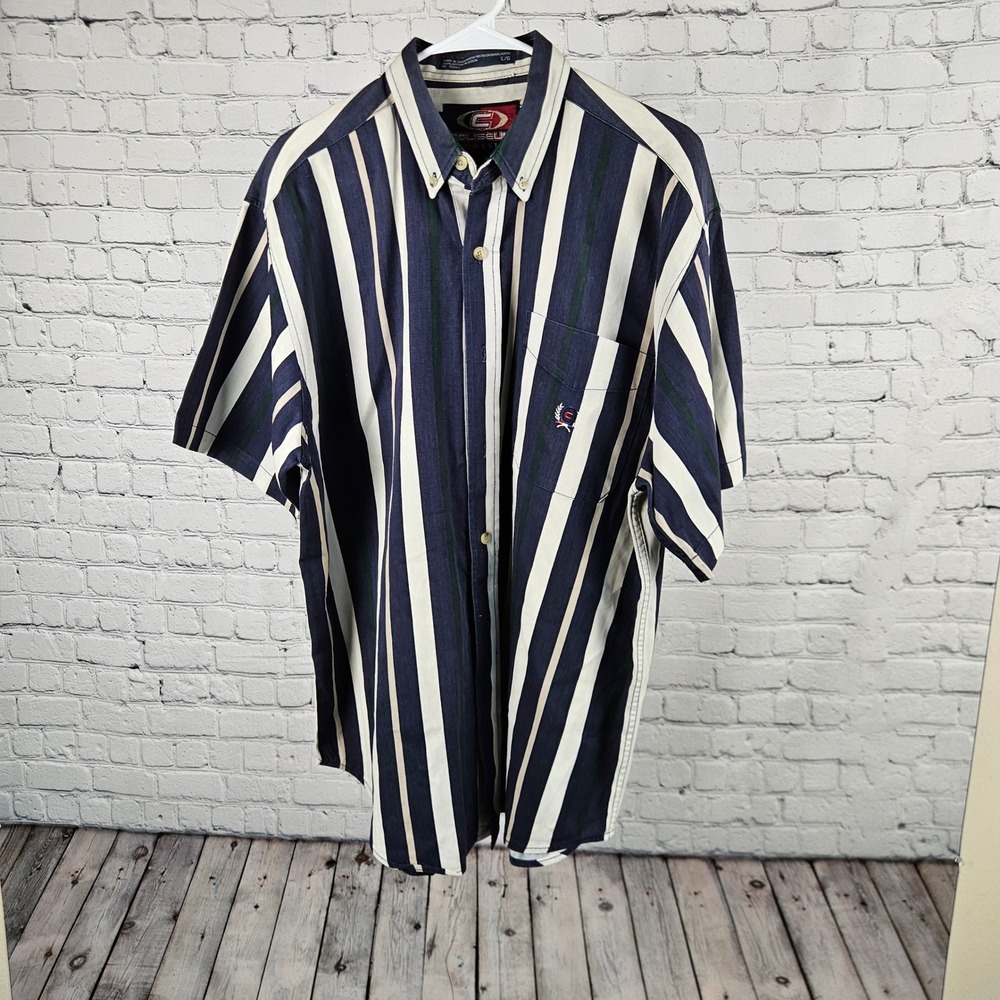 Coliseum Classic Mens Large Striped Button Down Shirt Cotton Navy Green Cream